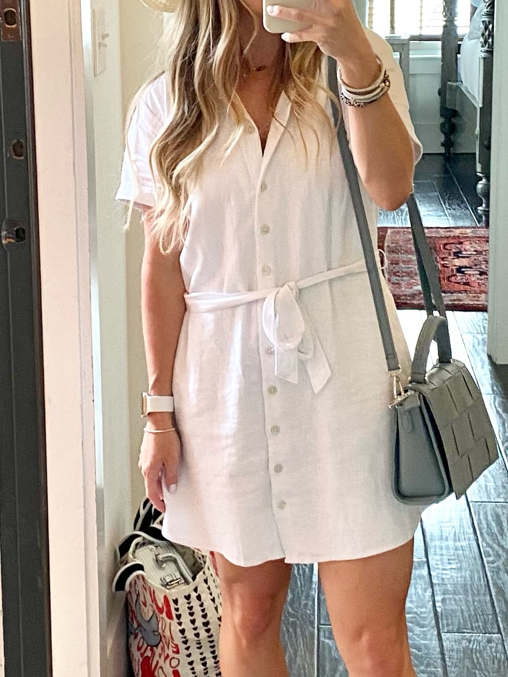 Abercrombie & Fitch White linen blend Button-Front Tie Dress